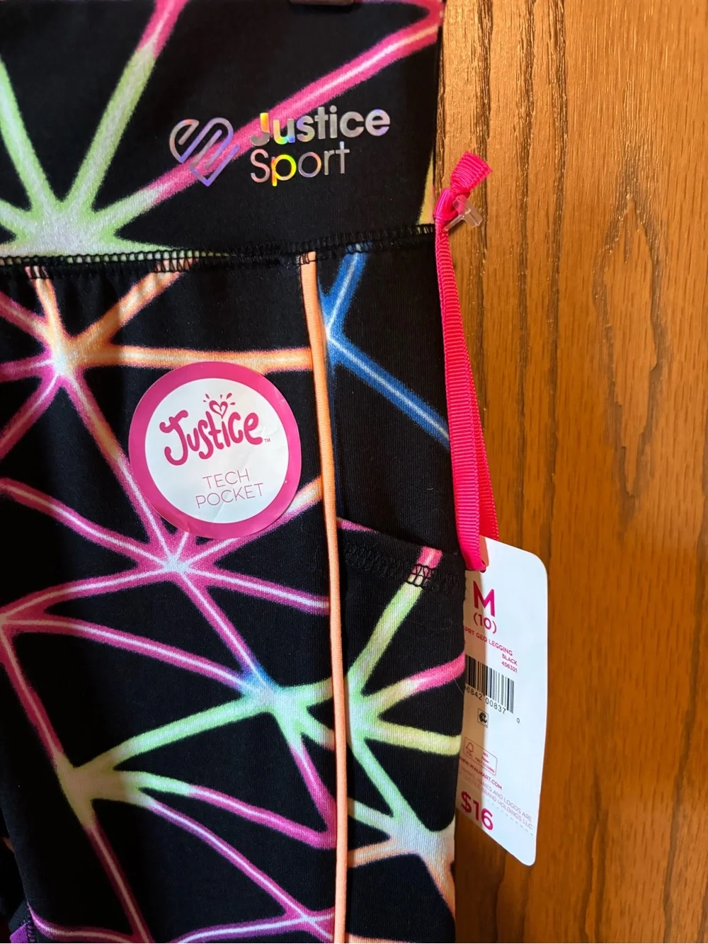 Justice Black Leggings with Neon Pink, Purple, Blue & Green Geometric Print